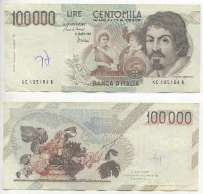 Италия 100000 лир 1983 Караваджо, фруктовый букет, подпись Speziali Pick 110b бумага 7220-28-3