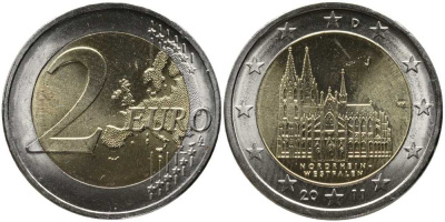 ФРГ 2 евро 2011 D, серия федеральные земли, Северный Рейн-Вестфалия, Кельнский собор KM 293 биметалл UNC 115-1141