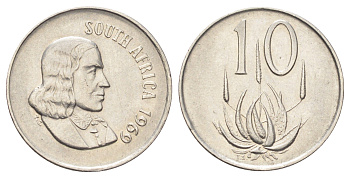 ЮАР 10 центов 1969 Ян ван Рибек (1619-1677), South Africa, легенда на африкаанс, цветок алоэ KM 68.1 никель 4696-1017