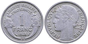 ФРАНЦИЯ 1 ФРАНК 1948 B, ТИП MORLON KM 885а.2, LE FRANC 221.14 алюминий 51-3517