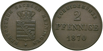 Саксен-Мейнинген 2 пфеннига 1870 Георг II (1866-1914) KM 174 медь 99-669