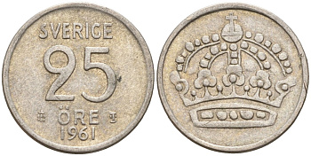 Швеция 25 эре 1961 TS, Густав VI Адольф (1950-1973) KM 824 серебро 4147-1114