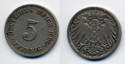 Германия 5 пфеннигов 1906 J KM 11, Jager 12, Weege 6 медно-никель 76-222