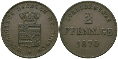 Саксен-Мейнинген 2 пфеннига 1870 Георг II (1866-1914) KM 174 медь 99-669