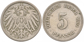 ГЕРМАНИЯ 5 ПФЕННИГОВ 1901 D, KM 11, J. 12 медно-никель 73-218