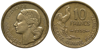 Франция 10 франков 1950 петух KM 915.1, Le Franc 363.2 алюминиевая бронза 4128-443