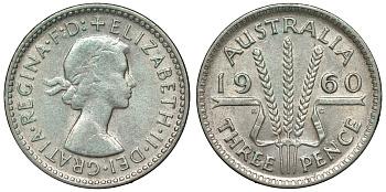 Австралия 3 пенса 1960 m, Елизавета II (1952-2022) KM 57 серебро 71-653