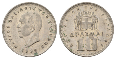 Греция 10 драхм 1959 Павел I (1947-1964) KM 84 никель 4607-121