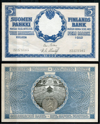 Россия для Финляндии 5 марок золотом 1909 водяной знак FB SP Pick 9 a, Кардаков 15.1.180  бумага  aUNC 00-00