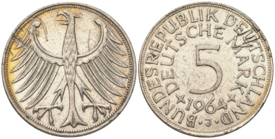 ФРГ 5 марок 1964 J KM 112 серебро 117-657