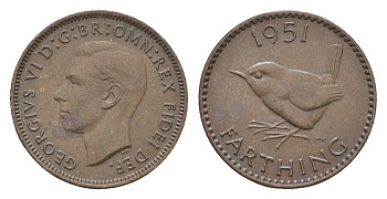 Великобритания 1 фартинг 1951 Георг VI (1936-1952) KM 867, Spink 4119 бронза 4664-359