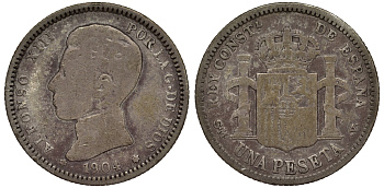 Испания 1 песета 1904 (04) SM-V, АЛЬФОНСО XIII (1886-1931) KM 721 серебро 4566-637