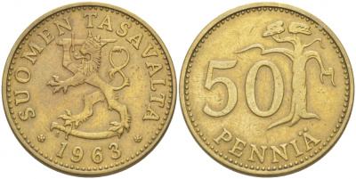 ФИНЛЯНДИЯ 50 ПЕННИ 1963 S ПЕРВЫЙ ГОД KM 48 алюминиевая бронза 3457-845