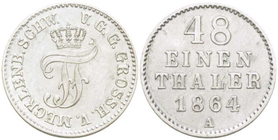 Мекленбург-Шверин 1/48 талера 1864 А, Фридрих Франц II (1842-1883) AKS 66, Jaeger 117, KM 311 (С107а) серебро 206-313