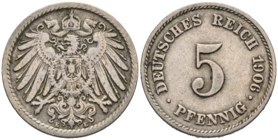 ГЕРМАНИЯ 5 ПФЕННИГОВ 1906 E, KM 11, J. 12 медно-никель 75-915