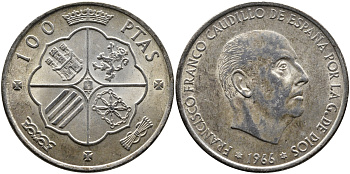 Испания 100 песет 1966 (68) Франсиско Франко (1939-1975) KM 797 серебро 1515-1233