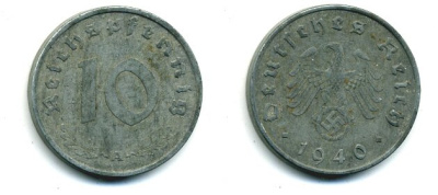 ГЕРМАНИЯ 10 РЕЙХСПФЕННИГОВ 1940 A, KM 101, J. 371 цинк 46-1758