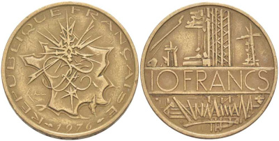 Франция 10 франков 1976 тип Матье KM 940, Le Franc 365.7-8 никель латунь 111-943