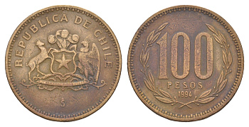 Чили 100 песо 1994 Бернардо О’Хиггинс KM 226 алюминиевая бронза 4523-1151