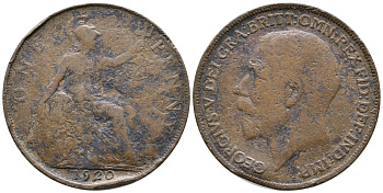 Великобритания 1 пенни 1920 Георг V (1910-1936) KM 810, Spink 4051 бронза 4364-4225