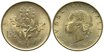 Италия 20 лир 1981 R, дубовые листья KM 97.2 алюминиевая бронза 4610-556