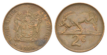 ЮАР 2 цента 1988 герб, антилопа гну KM 83 бронза 4621-165