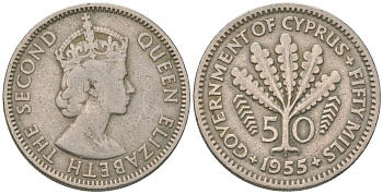 Кипр 50 милей 1955 Елизавета II (1952-2022) KM 36 медно-никель 4601-324