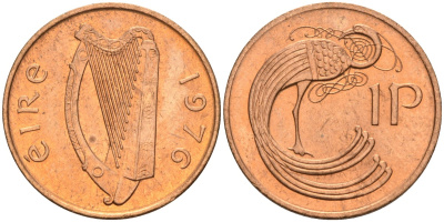 Ирландия 1 пенни 1976 мифологическая птица лира KM 20 бронза UNC 4582-132