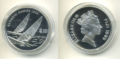 Фиджи 10 долларов 1995 XXVI Олимпийские игры 1996 года в Атланте, парусный спорт KM 79 серебро PROOF 02-104-35