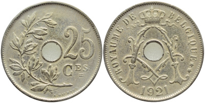 БЕЛЬГИЯ 25 САНТИМОВ 1921 BELGIQUE KM 68.1 медно-никель 86-952