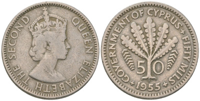 Кипр 50 милей 1955 Елизавета II (1952-2022) KM 36 медно-никель 4601-324