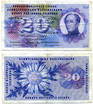 Швейцария 20 франков 1972 Цюрих 24 января 1972, подпись 42, генерал Гийон-Анри Дюфур Pick 46t  бумага   7548-86-3-1