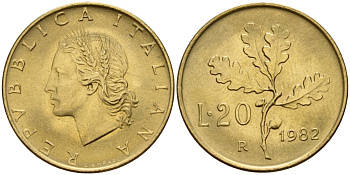 Италия 20 лир 1982 R, дубовые листья KM 97.2 алюминиевая бронза 4163-736