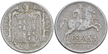 ИСПАНИЯ 5 СЕНТИМО 1941 РЫЦАРЬ НА КОНЕ KM 766 алюминий 4523-843
