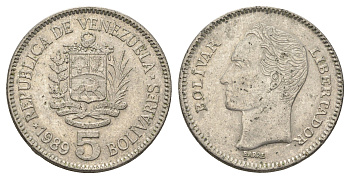 Венесуэла 5 боливаров 1989 Симон Боливар, толстый шрифт Y 53a.2 сталь плакированная никелем 4661-321