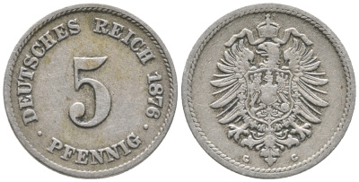 ГЕРМАНИЯ 5 ПФЕННИГОВ 1876 G, СТАРОГЕРБОВКА KM 3, J. 3 медно-никель 100-922