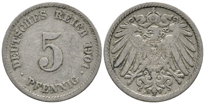 ГЕРМАНИЯ 5 ПФЕННИГОВ 1901 J KM 11, J. 12 медно-никель 39-754