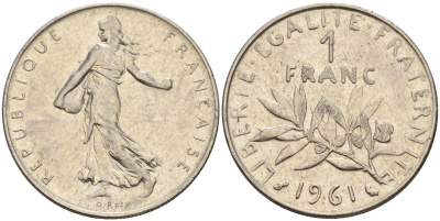 Франция 1 франк 1961 сеятель КМ 925.1 никель    4603-233