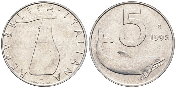 Италия 5 лир 1998 R, дельфин KM 92 алюминий  UNC  4594-1025