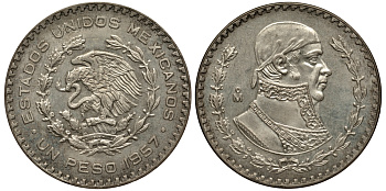 Мексика 1 песо 1957 Хосе Мария Морелос KM 459 серебро XF-UNC 107-814