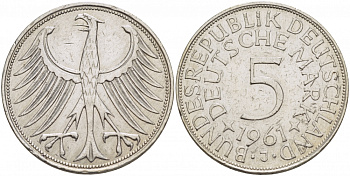 ФРГ 5 МАРОК 1961 J, J. 387, KM 112.1 серебро 650-1321