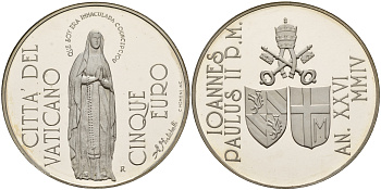 Ватикан 5 евро 2004 Иоанн Павел II, 150 лет провозглашения догмата о непорочном зачатии, в оригинальной коробке, с сертификатом KM 359 серебро  PROOF 2-4-2-26