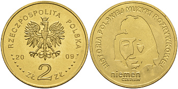 Польша 2 злотых 2009 MW, серия история польской музыки, Чеслав Немен KM 684 латунь    4161-121