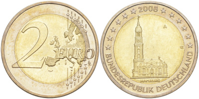 ФРГ 2 евро 2008 A, серия федеральные земли, церковь Св. Михаила в Гамбурге KM 261 биметалл UNC 4111-745