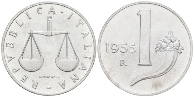 Италия 1 лира 1955 R, весы KM 91 алюминий  UNC  4594-657