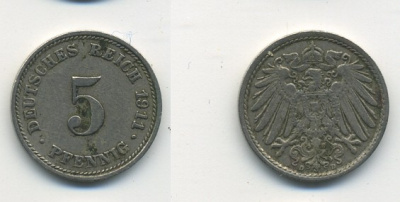 Германия 5 пфеннигов 1911 D KM 11, J. 12, Weege 6 медно-никель 23-1327