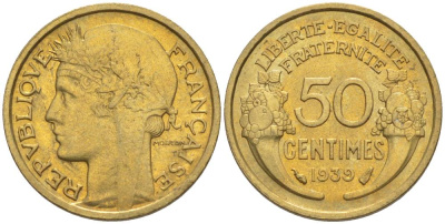 ФРАНЦИЯ 50 САНТИМОВ 1939 ТИП MORLON KM 894.1, LE FRANC 192.15 алюминиевая бронза 44-845