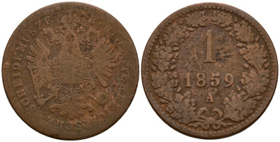 Австрия 1 крейцер 1859 A, Франц Иосиф I (1848-1916) KM 2186 медь 4154-829