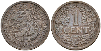 Нидерланды  1 цент 1914 KM 152 бронза 4174-268