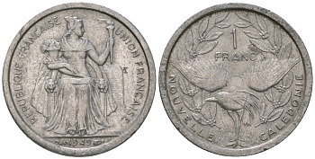 Французская Новая Каледония 1 франк 1949 птица кагу, (IEOM) KM 2, Schoen 2, Lec 36 алюминий    51-435